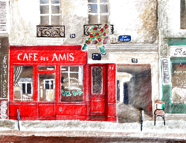 Cafe Des Amis 1970 11x14 3-D Original Painting by Chiu Tak Hak