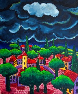 Village With Storm 2015 48x40 Huge Original Painting - Jacques Tange Village With Storm 2015 48x40 Huge Original Painting - Jacques Tange