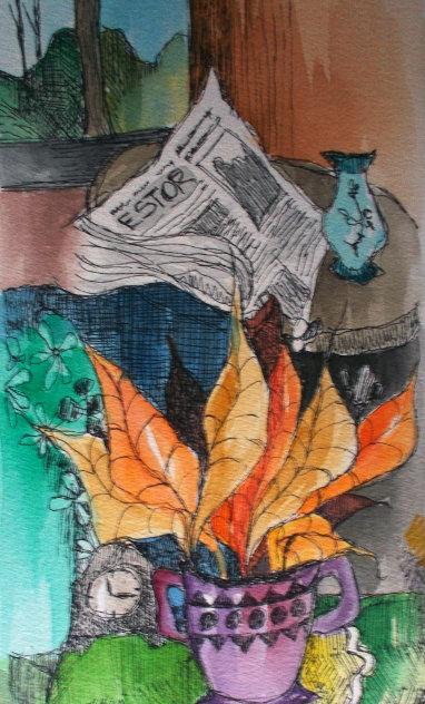 News And Tea Watercolor 2008 27x35 Watercolor by Itzchak Tarkay