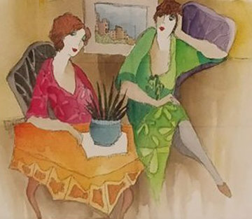 Ladies Chat 2007 28x32 Watercolor - Itzchak Tarkay Ladies Chat 2007 28x32 Watercolor - Itzchak Tarkay