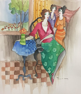 View From the Lounge Watercolor 33x31 Watercolor - Itzchak Tarkay View From the Lounge Watercolor 33x31 Watercolor - Itzchak Tarkay