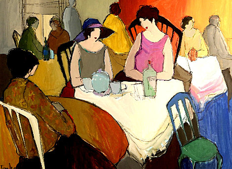 3 Ladies at Cafe 1990 45x57 Original Painting - Itzchak Tarkay