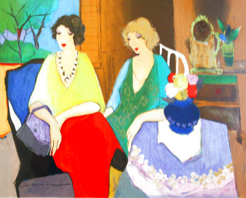 Blond Grace Sitting At a Table With the Dark Haired Girl Alone 1990 Limited Edition Print - Itzchak Tarkay