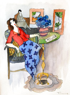 Yellow Footed Table Watercolor 28x24 Watercolor - Itzchak Tarkay Yellow Footed Table Watercolor 28x24 Watercolor - Itzchak Tarkay