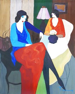 Two Women 1995 32x30 Original Painting - Itzchak Tarkay Two Women 1995 32x30 Original Painting - Itzchak Tarkay