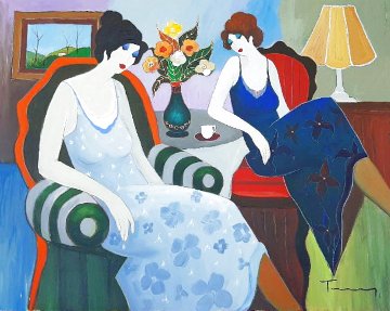Untitled (Two Seated Women) 1990 32x40 Original Painting - Itzchak Tarkay Untitled (Two Seated Women) 1990 32x40 Original Painting - Itzchak Tarkay