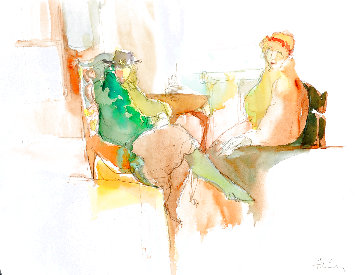 Telling a Secret Watercolor 1987 25x30 Rare Large Watercolor Watercolor - Itzchak Tarkay Telling a Secret Watercolor 1987 25x30 Rare Large Watercolor Watercolor - Itzchak Tarkay