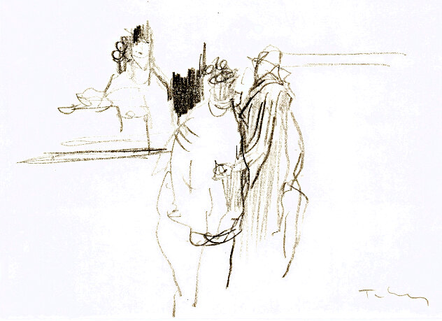 Coffee Shop Drawing  1992 8x12 Drawing by Itzchak Tarkay