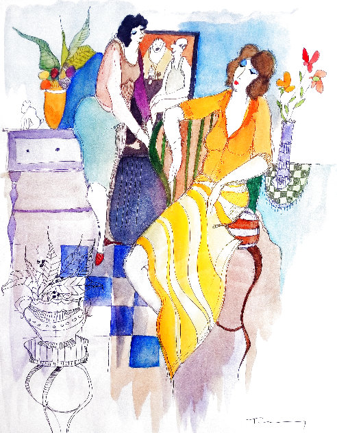 Yellow and Orange Dress 2004 28x24 Watercolor by Itzchak Tarkay