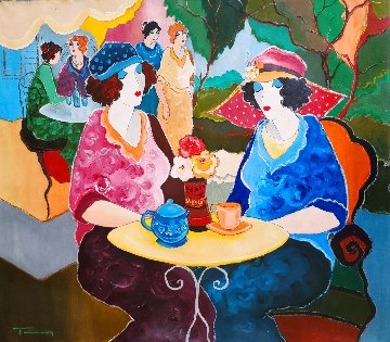 Afternoon Tea Time II 30x34 Original Painting - Itzchak Tarkay Afternoon Tea Time II 30x34 Original Painting - Itzchak Tarkay