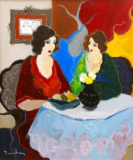 Afternoon Chat 32x27 Original Painting - Itzchak Tarkay Afternoon Chat 32x27 Original Painting - Itzchak Tarkay