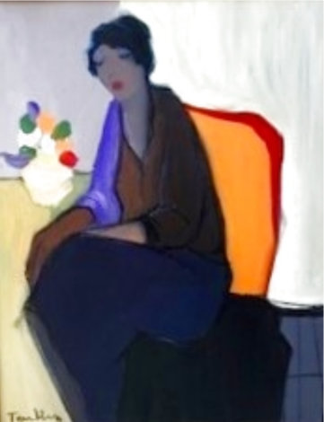 Seated Woman with Vase of Flowers 1990 20x16 Original Painting - Itzchak Tarkay
