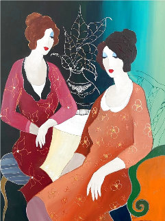 A Serene Moment 38x33 Original Painting - Itzchak Tarkay A Serene Moment 38x33 Original Painting - Itzchak Tarkay