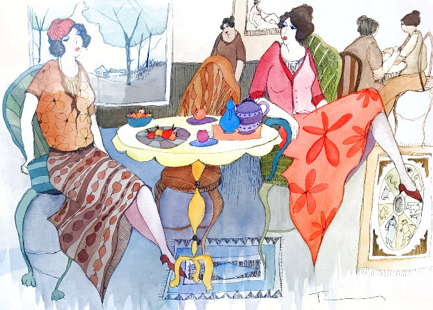 Delightful Discussion Watercolor 2005 29x33 Watercolor - Itzchak Tarkay