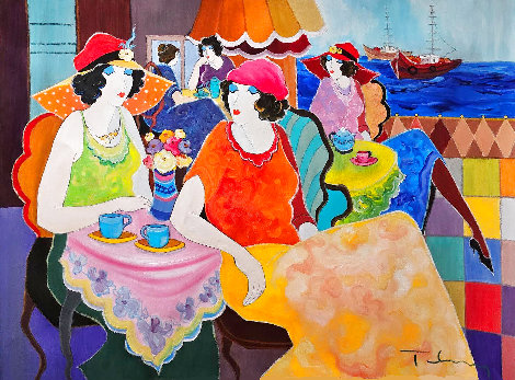 Cafe By the Port 2011 30x40 - Huge Painting Original Painting - Itzchak Tarkay