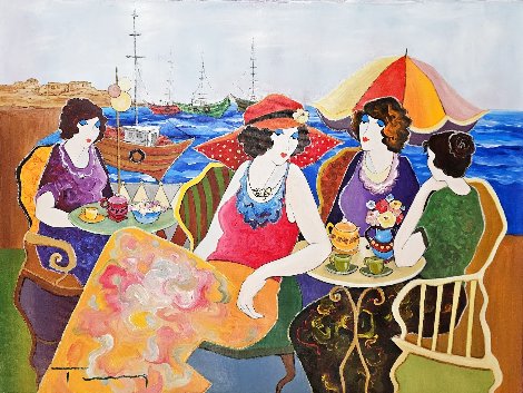 Cafe By the Port 2011 30x40 - Huge Painting - Haifa, Israel Original Painting - Itzchak Tarkay