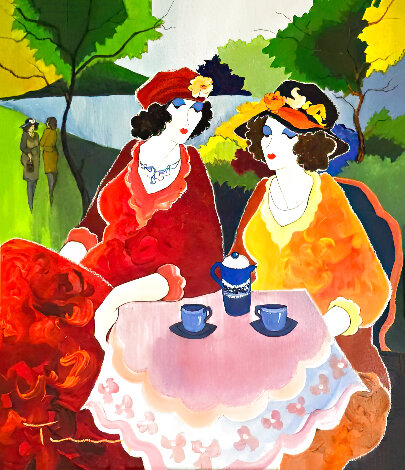 Sisters Afternoon Tea 2002 32x28 Original Painting - Itzchak Tarkay