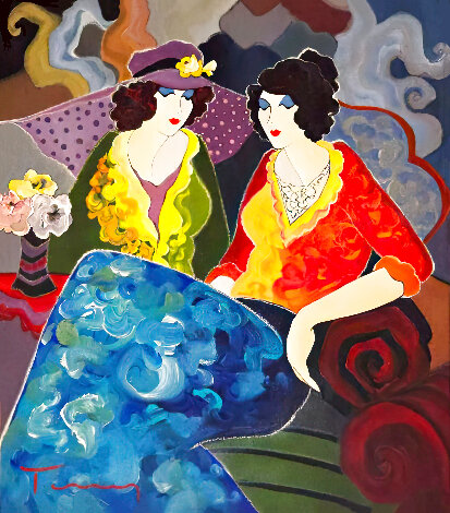 Sisters Morning Tea 2002 32x28 Original Painting - Itzchak Tarkay