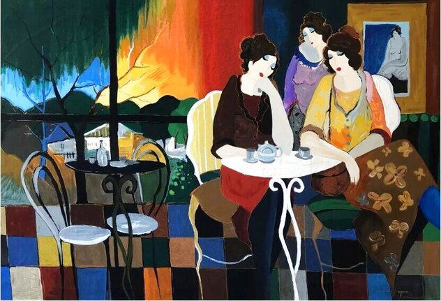 Sunset Over Haifa 1998 - Framed Embellished  Serigraph on Canvas - Huge - Israel by Itzchak Tarkay