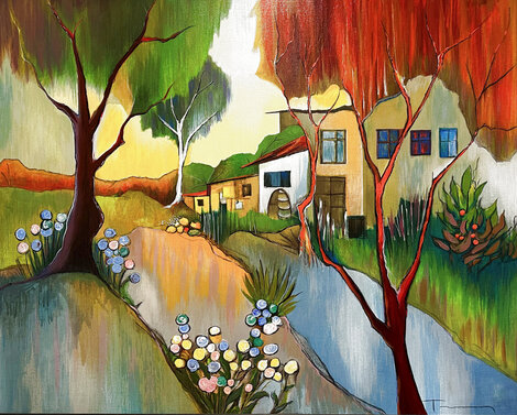 Autumn in the Country 2007 Embellished Serigraph on Canvas - Huge Limited Edition Print - Itzchak Tarkay