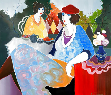 Afternoon Tea Gathering 33x27 - Acrylic on Canvas Original Painting - Itzchak Tarkay