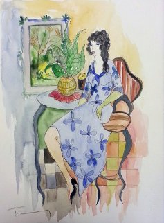 Woman in Blue Dress Watercolor 15x11 Watercolor - Itzchak Tarkay Woman in Blue Dress Watercolor 15x11 Watercolor - Itzchak Tarkay