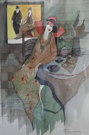 Sydel At Tea #5 Watercolor 2001 28x24 Watercolor - Itzchak Tarkay