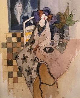 Sydel At Tea #2 Watercolor 21x24 Watercolor - Itzchak Tarkay Sydel At Tea #2 Watercolor 21x24 Watercolor - Itzchak Tarkay