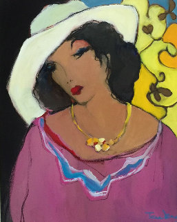 Women in a White Hat 1990 23x27 Original Painting - Itzchak Tarkay