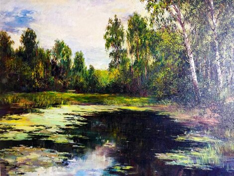 Still Summer Pond 2001 36x44  - Oil on Canvas Original Painting - Alexander Timakov