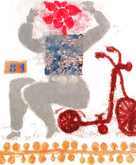 Femme Fleur Avec Bicyclette 1981 Limited Edition Print - Theo Tobiasse Femme Fleur Avec Bicyclette 1981 Limited Edition Print - Theo Tobiasse