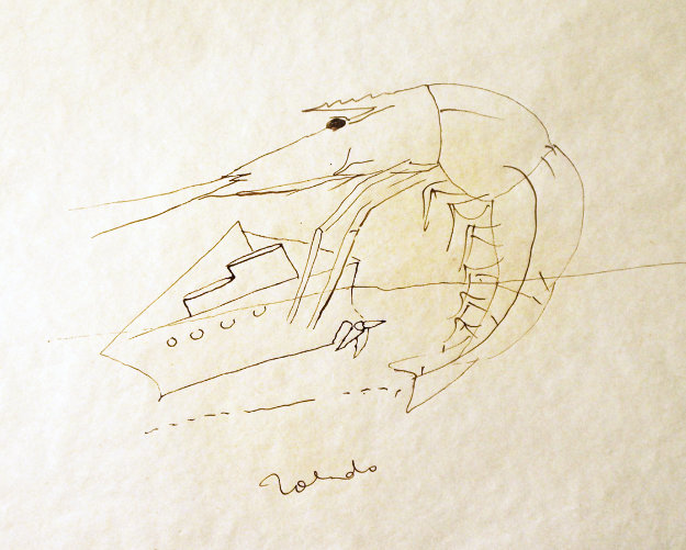 Shrimp And Boat Drawing 1974 8x12 Drawing by Francisco Toledo Shrimp And Boat Drawing 1974 8x12 Drawing by Francisco Toledo