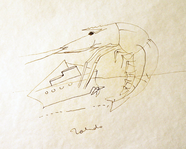 Shrimp And Boat Drawing 1974 8x12 Drawing by Francisco Toledo