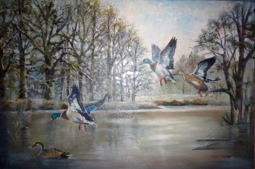 Ducks Over the Pond 1983 31x43 Huge Original Painting - William Tolliver Ducks Over the Pond 1983 31x43 Huge Original Painting - William Tolliver