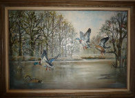 Ducks Over the Pond 1983 31x43 Original Painting by William Tolliver - 1 Ducks Over the Pond 1983 31x43 Original Painting by William Tolliver - 1