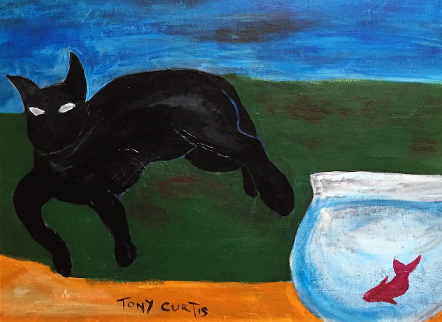 Cat Watching Fish  18x12 Original Painting by Tony Curtis