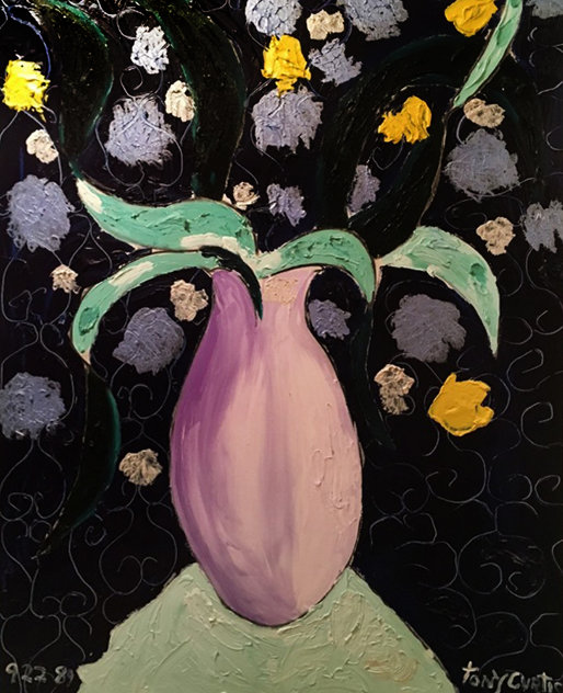 Flowers in Lavender Vase on Mint Table 1989 41x51 Huge Original Painting by Tony Curtis