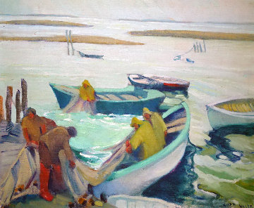 Fishing on the Maine 1920 31x36 Original Painting - Ruth Pershing Uhler Fishing on the Maine 1920 31x36 Original Painting - Ruth Pershing Uhler