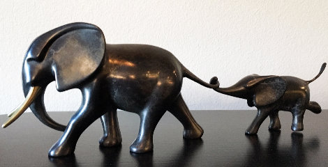 Elephant And Baby Running Bronze Sculpture 12 in Sculpture - Loet Vanderveen