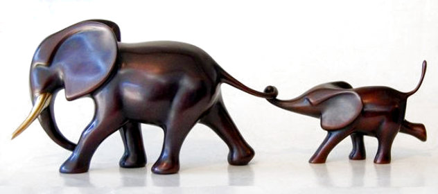 Elephant and Baby Running Bronze Sculpture 12 in Sculpture by Loet Vanderveen