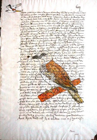 Bird on Parchment 2002 13x10 Original Painting - Marc Van Krinkelveldt