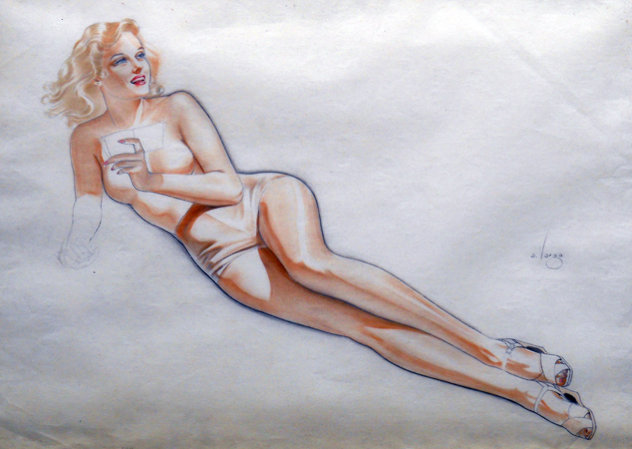 Topless Blonde Holding Mirror 1945 Watercolor by Alberto Vargas