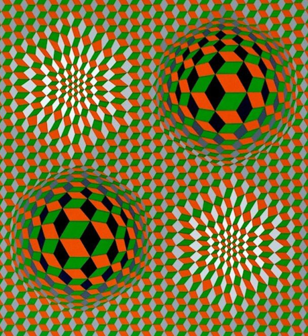 Untitled #6 (2 Black Spheres With Green And Gray) 1970 Limited Edition Print by Victor Vasarely Untitled #6 (2 Black Spheres With Green And Gray) 1970 Limited Edition Print by Victor Vasarely