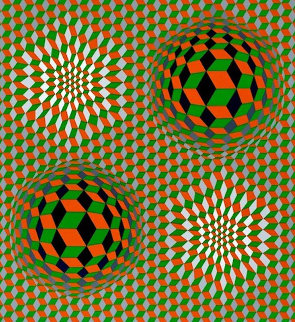 Untitled #6 (2 Black Spheres With Green And Gray) 1970 Limited Edition Print - Victor Vasarely