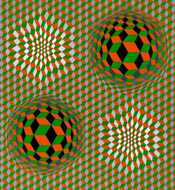 Untitled #6 (2 Black Spheres With Green And Gray) Limited Edition Print by Victor Vasarely