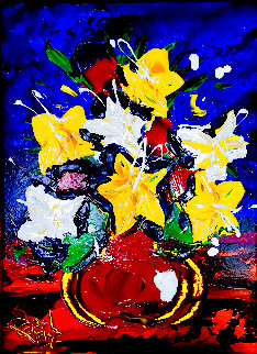 Mixed Flowers on Blue 2000 39x34 Original Painting - Dean Vella