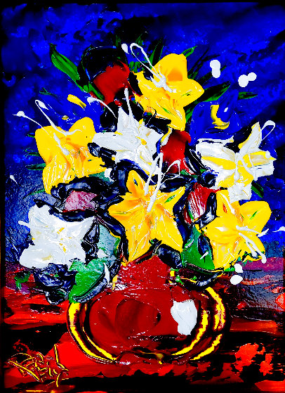Mixed Flowers on Blue 2000 Acrylic on Canvas 20x15 by Dean Vella