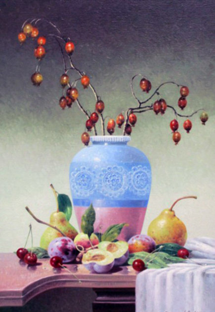 Blue Vase With Fruits 2010 19x14 Original Painting by Vena Grebenshikov