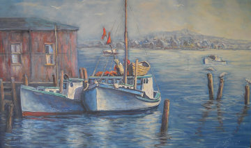 Fishing Boats in Nova Scotia 24x40 Original Painting - John Vignari Fishing Boats in Nova Scotia 24x40 Original Painting - John Vignari