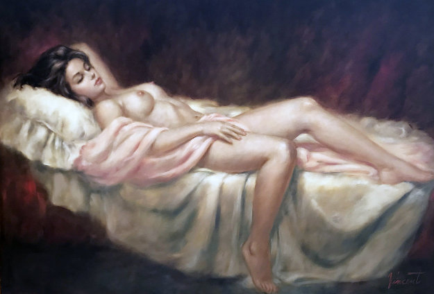 Seductive Original Larry Vincent Garrison Painting Woman In Peach Peignoir
